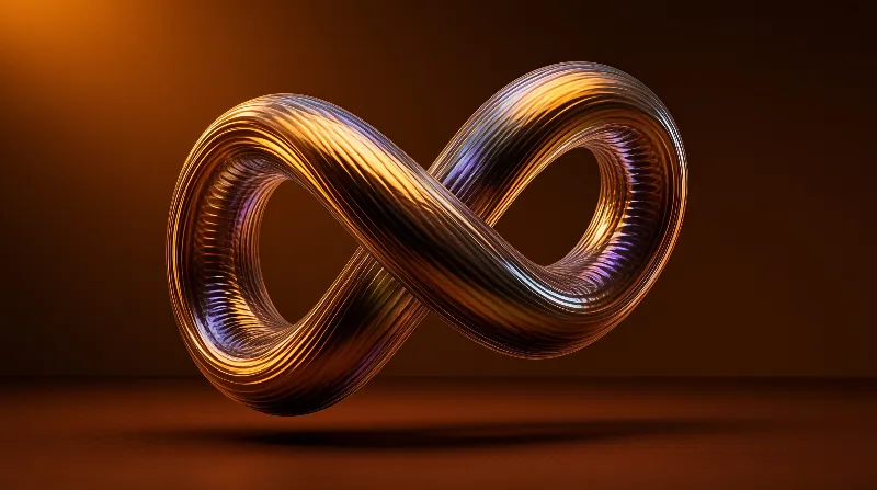A shiny metallic infinity symbol floats against a dark gradient with warm orange highlights reflecting off the surface.