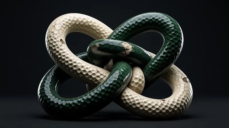 Interlocking tubes of hammered porcelain, one jade green and one ivory, loop into an endless knot