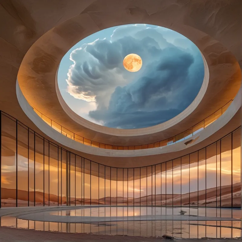 A circular concrete observatory with a large circular skylight showing a full moon in a cloudy sky while golden sunlight reflects off the pool