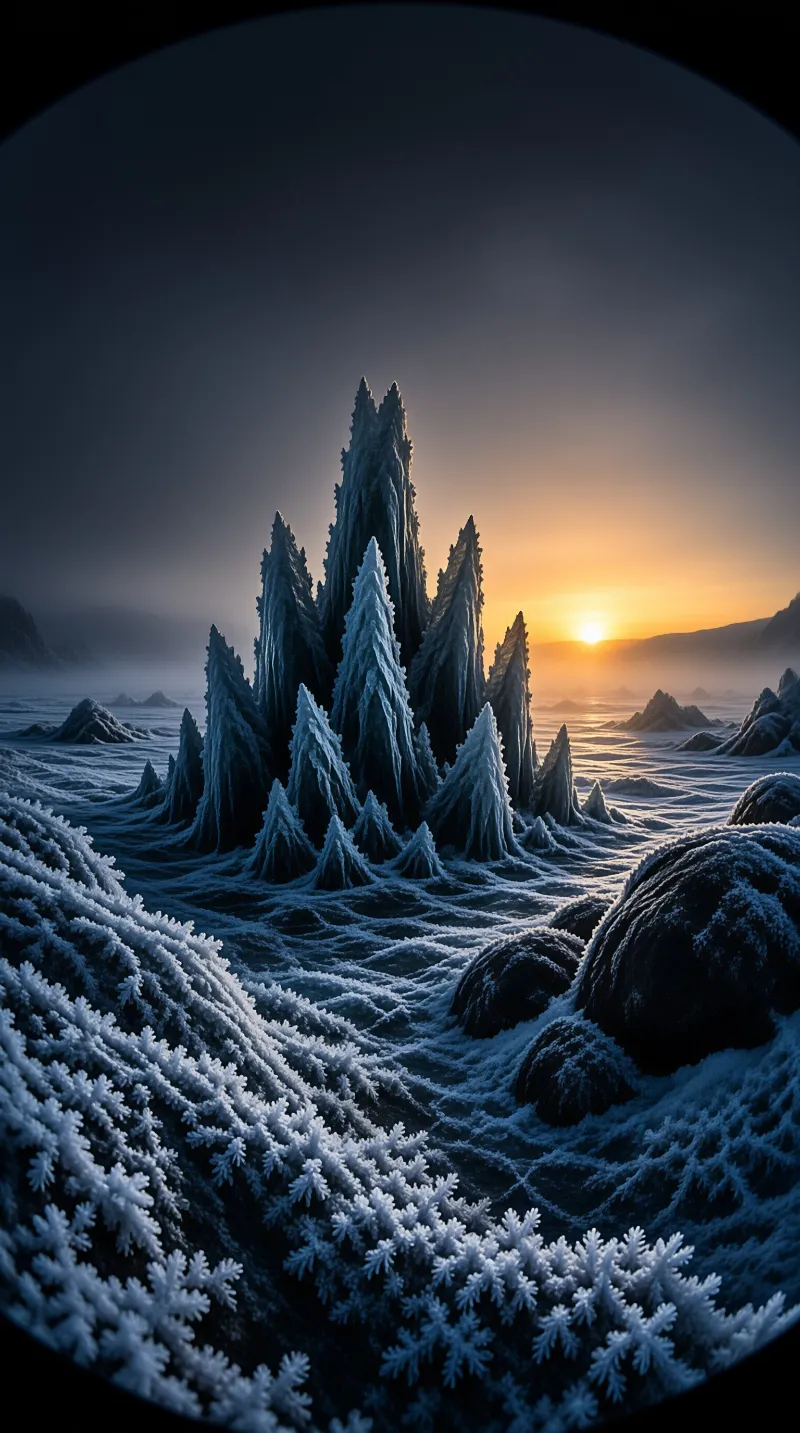 Icy needle formations cluster like a forest above rippled snow fields as a low orange sun sets behind distant ridges.