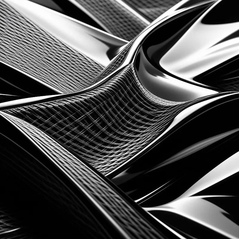 Glossy black and white ribbons twist around a textured grid with sharp highlights