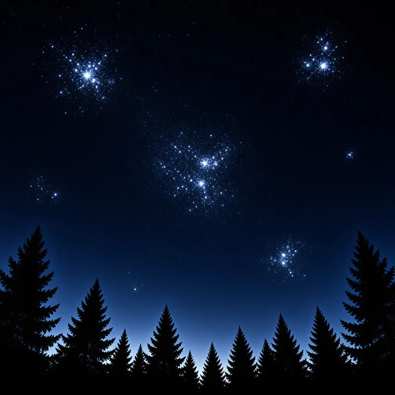 Dark blue night sky filled with bright star clusters above a line of black pine tree silhouettes.