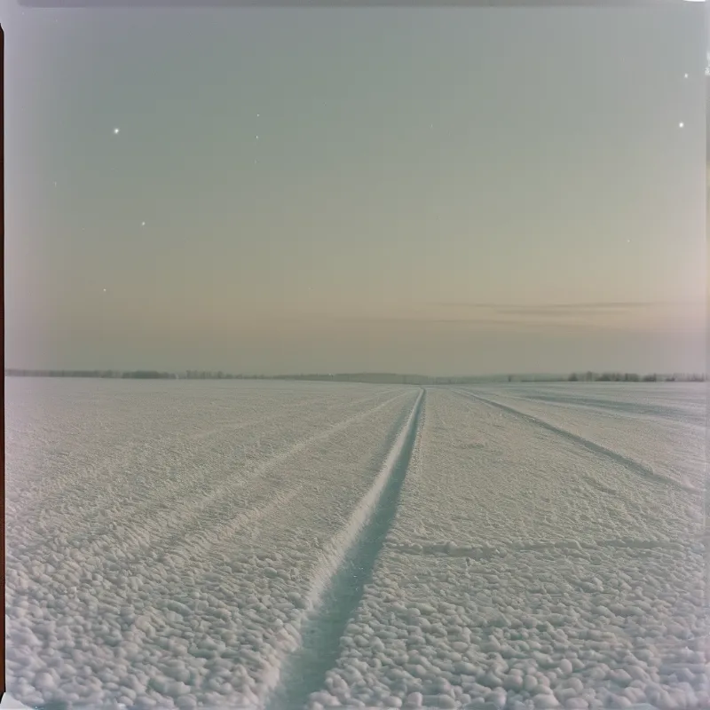 Two parallel tire tracks cut through a snow-covered plain under a pale twilight sky with faint stars visible