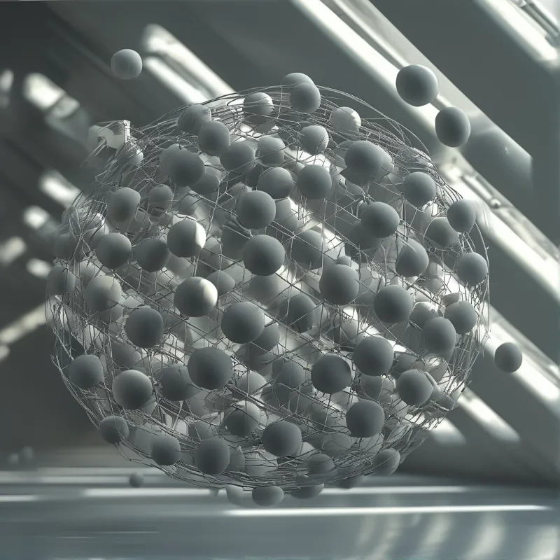 A large spherical object made of a wire mesh containing many small grey balls sits in a blurred industrial room with bright beams.