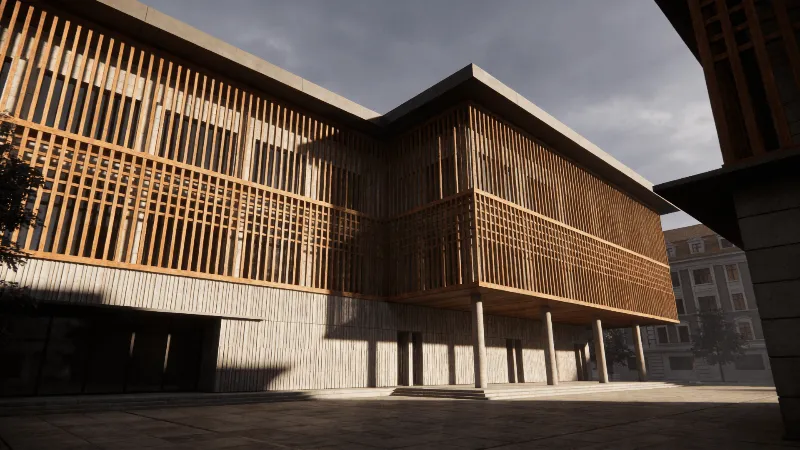 Cultural Center with Wooden Lattice — Urban Plaza