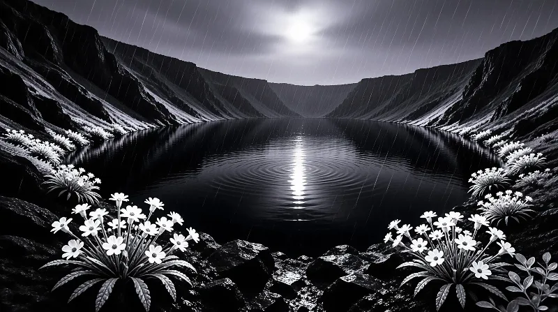 Monochrome landscape shows calm lake surrounded by steep mountains with rain falling and white flowers in the foreground.
