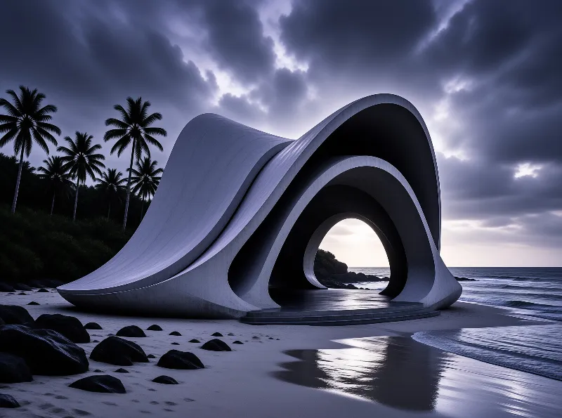 A massive organic concrete form rests on a wet shoreline framed by tall palm trees and ocean waves against a brooding cloudy horizon.