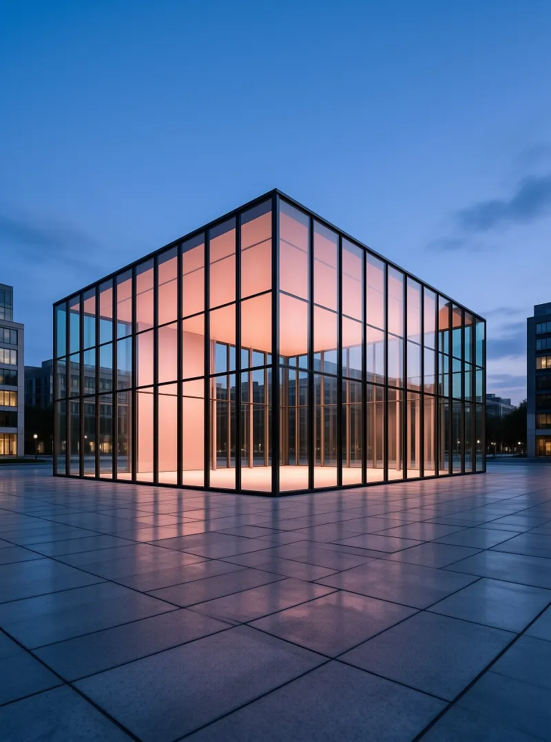 A transparent glass cube with dark frames glows warm pink against a blue twilight plaza.