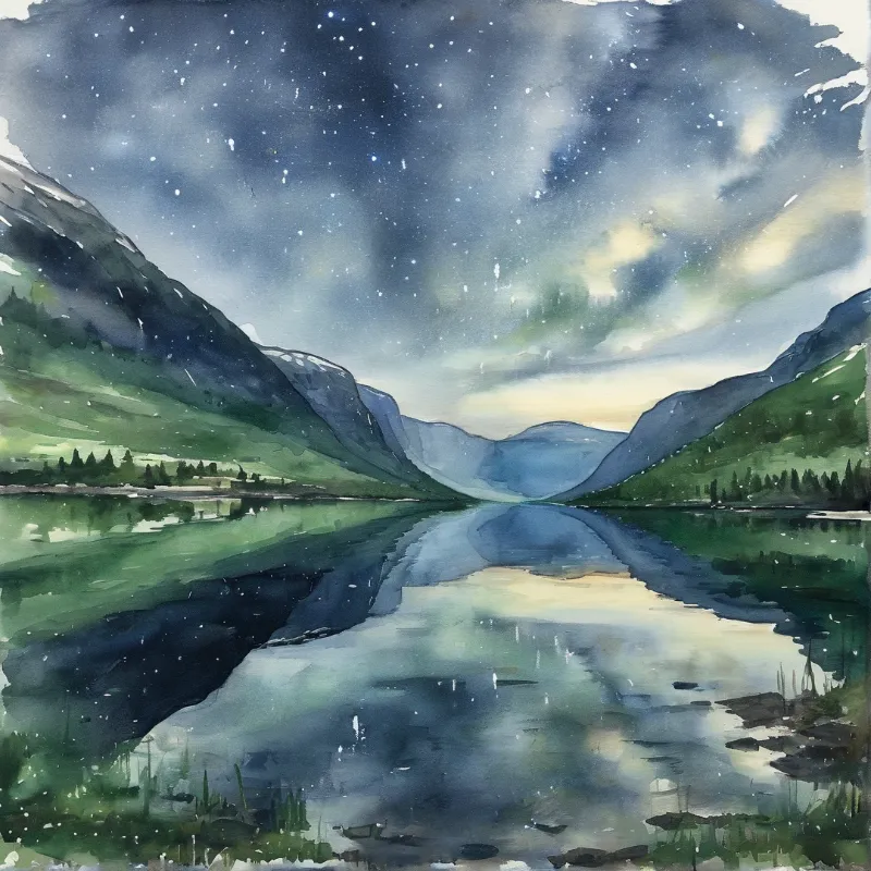 Watercolor landscape featuring a calm lake between mountains reflecting a starry sky and soft clouds.