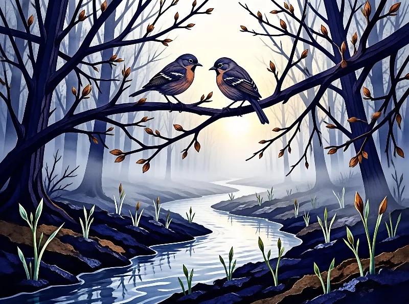 Two small birds with orange chests perch on a branch above a winding stream in a misty forest.