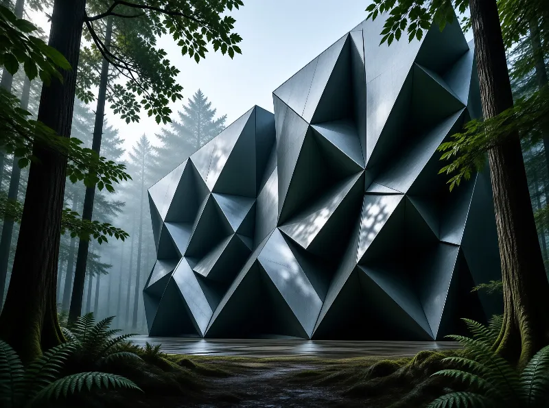 Dark faceted panels form a geometric structure half hidden among ferns and fog softened pine trunks