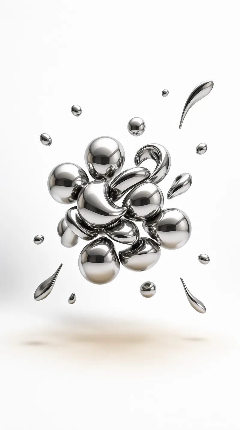 Shiny silver liquid shapes merge in a cluster while smaller droplets fly outward against a white background.