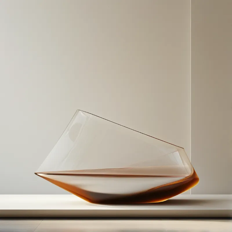 A geometric amber and clear glass vessel rests on a minimalist white surface illuminated by soft side lighting.
