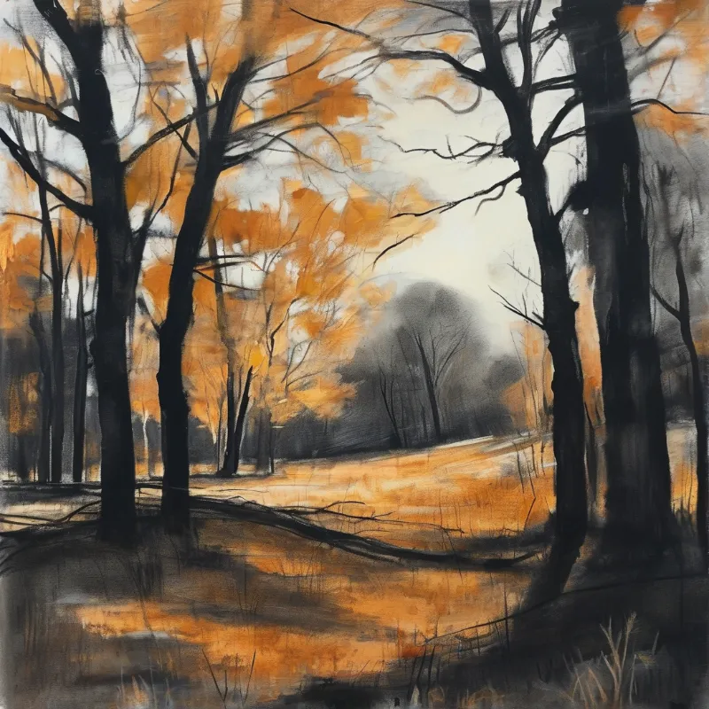Dark tree trunks rise through an expressive painting of gold and grey autumn foliage.