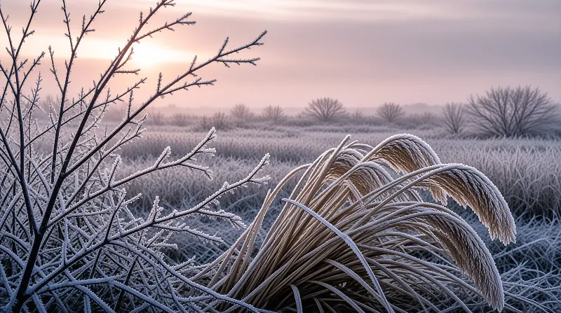 Frost encrusted reeds and dark bare branches stand in a vast frosted field under a soft pink dawn sky.