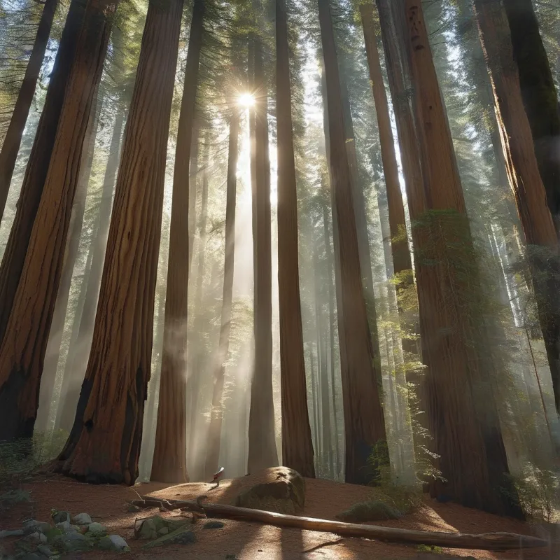 Low sun flares between colossal redwood trunks as beams of light slant through fog onto the needle covered floor