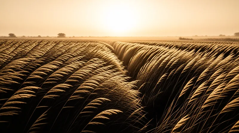 A wide view of ripe grain rippling across a flat landscape while the low sun casts a warm orange glow over the scene.