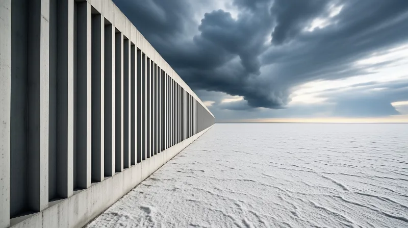 A wall of evenly spaced concrete fins narrows toward the horizon on a white plain beneath a bank of dark cloud.
