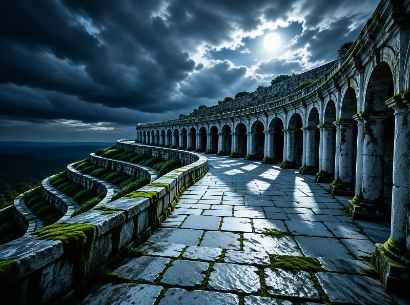 A curved stone colonnade lines a cliffside path where light breaks through dark clouds to illuminate the wet pavement.