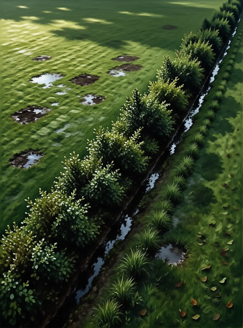 Aerial view of leafy bushes with white blooms lining a narrow water ditch beside a green field with puddles.