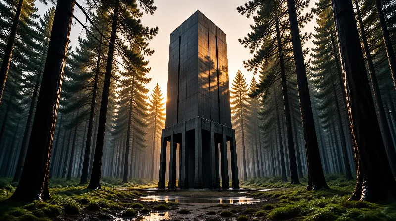 A tall concrete structure stands in a pine forest during golden hour with sunlight filtering through trees.