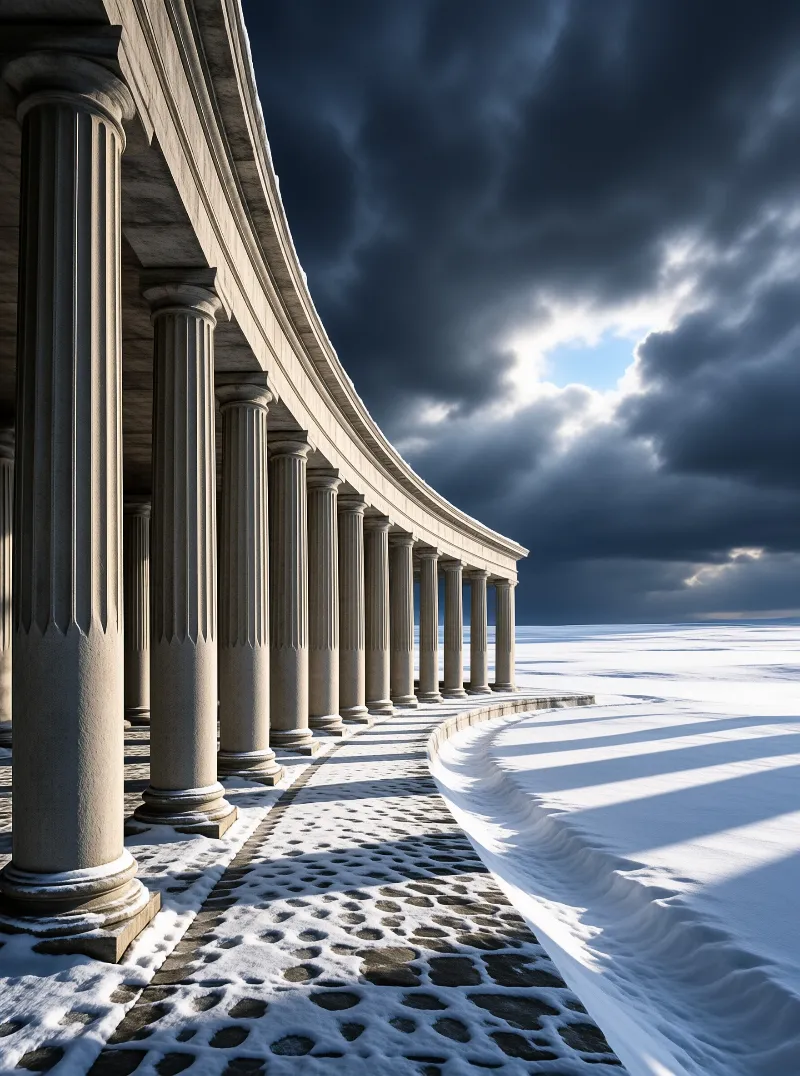 A classical curved colonnade casts long shadows over snow while sunlight breaks through storm clouds.