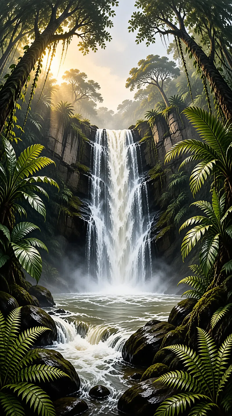 White water cascades down a mossy cliff into a pool while golden sunlight filters through the surrounding tropical canopy.