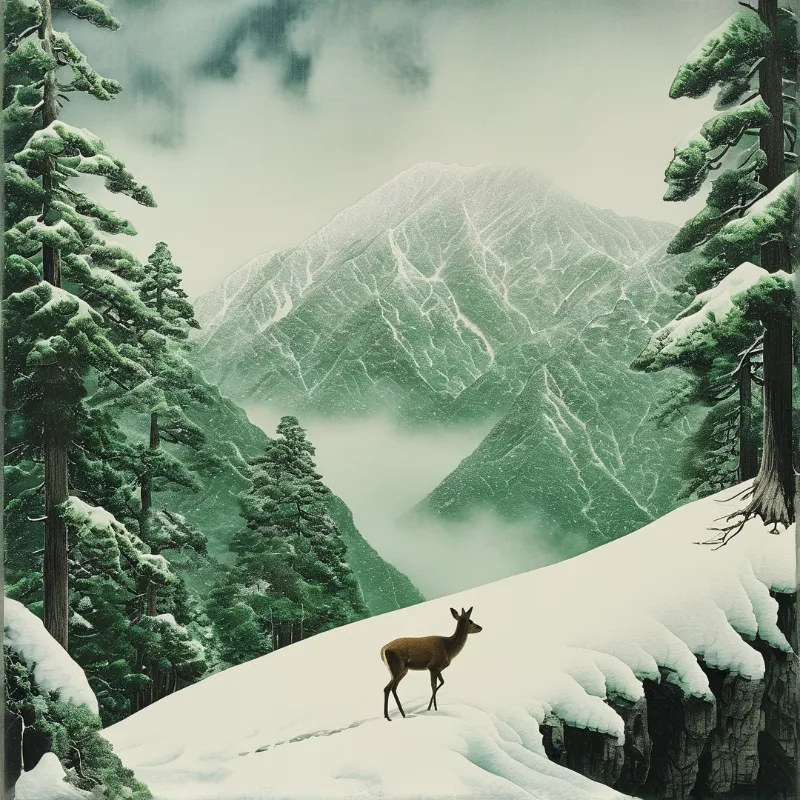 A brown deer stands on snowy ground framed by pine trees, with misty green mountains rising behind in a teal-hued landscape.