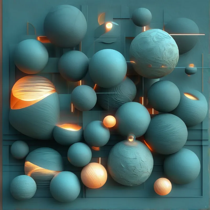 Blue-green sculpted spheres of varied sizes sit on a dark backdrop accented by small warm orange glowing details
