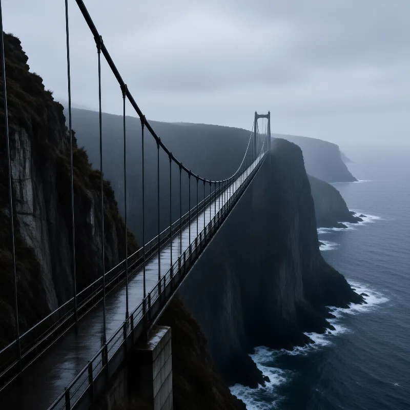 A long cable bridge traces a misty coastline between dark cliffs and a churning grey sea.