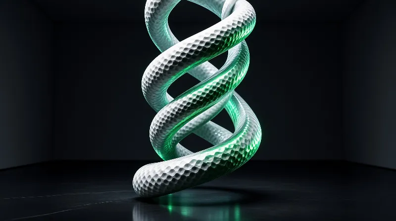 A twisted double helix with a bumpy silver surface and bright green light glowing from within in a dark space.