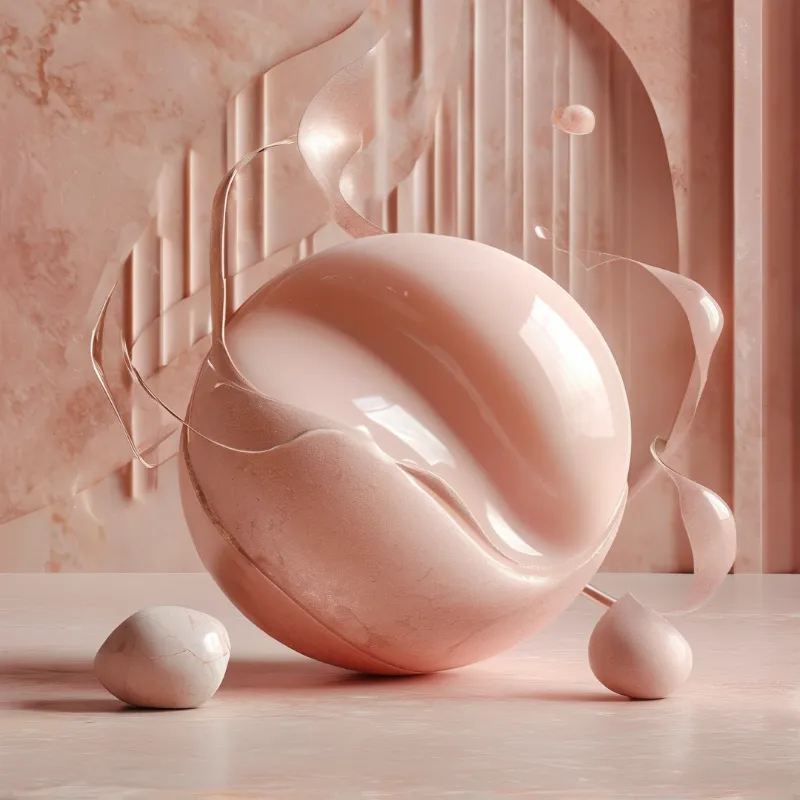 Large glossy pink sphere with swirling forms rests on smooth surface beside smaller stones within softly lit pink marble archway
