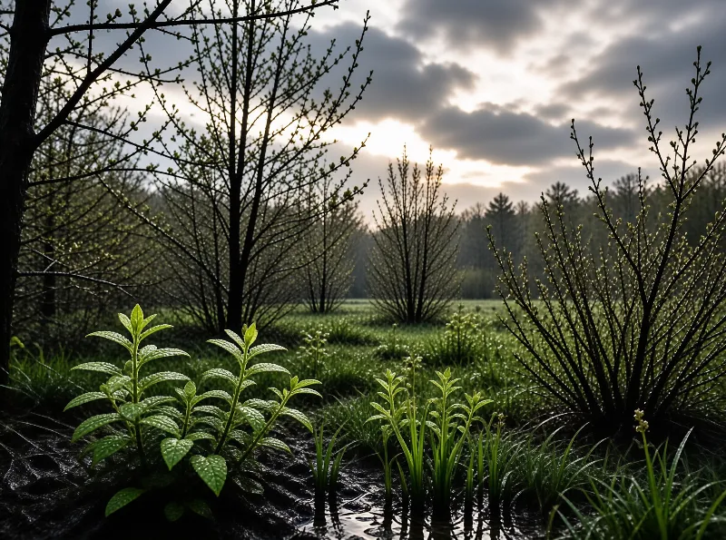 Fresh green shoots emerge from wet mud while budding trees silhouette against a cloudy sky with sun.