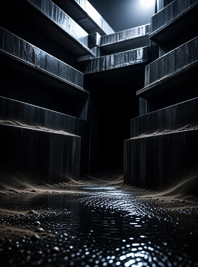 A dark architectural trench with layered concrete walls and a reflective water surface illuminated from above.