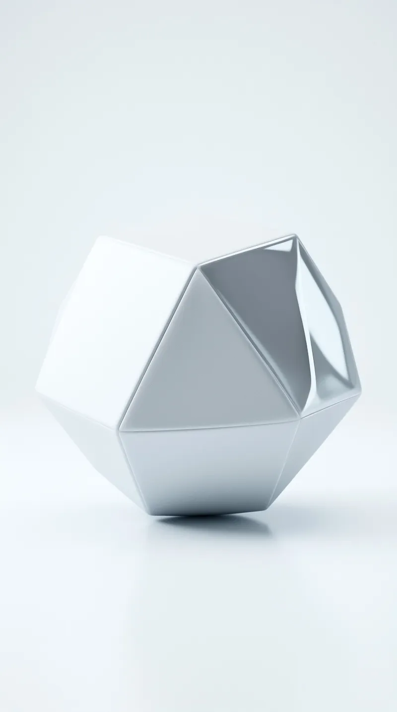 A glossy white polyhedron with faceted surfaces rests on a light gray gradient background.