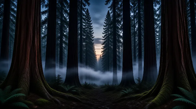 Towering dark redwood trunks line a narrow forest path as low mist drifts between them beneath a fading twilight sky.