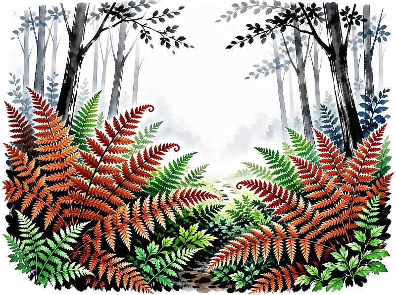 Watercolor painting of lush ferns in autumn and green hues surrounded by tall grey trees fading into fog.