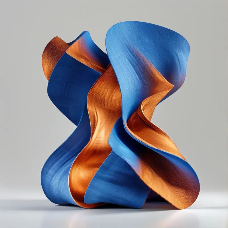 A twisting blue and copper ribbon sculpture with a woven texture stands on a gray studio floor beneath soft lighting