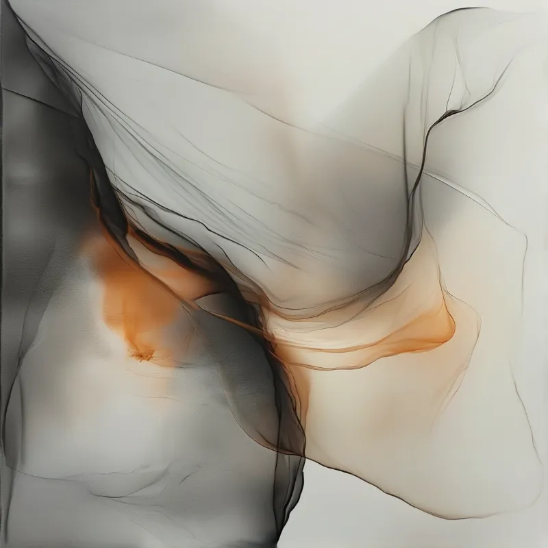 Translucent material undulating with warm orange hues against a soft grey backdrop.