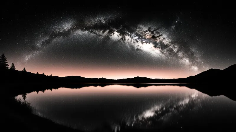 The Milky Way stretches across the dark sky while silhouetted mountains and trees frame a calm reflective lake surface.