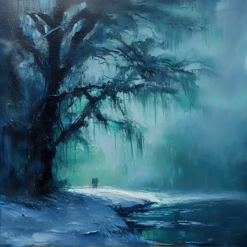 Painterly view of a gnarled tree beside a path where a small silhouette walks into teal and blue fog.