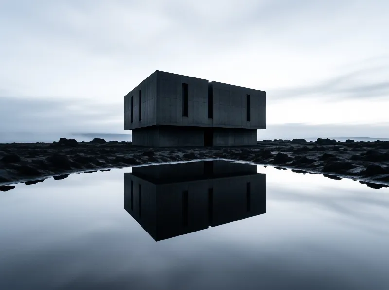 A minimalist dark concrete box with narrow slit windows stands on a rough lava field, mirrored in a still pool.
