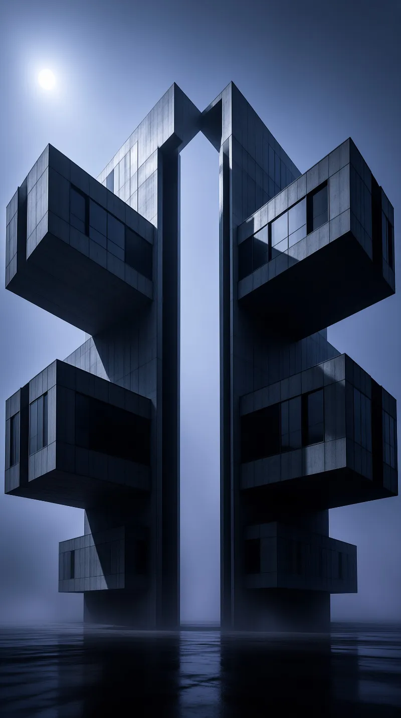 A massive dark tower rises from calm water with fog at the base under a blue sky with a bright light source.