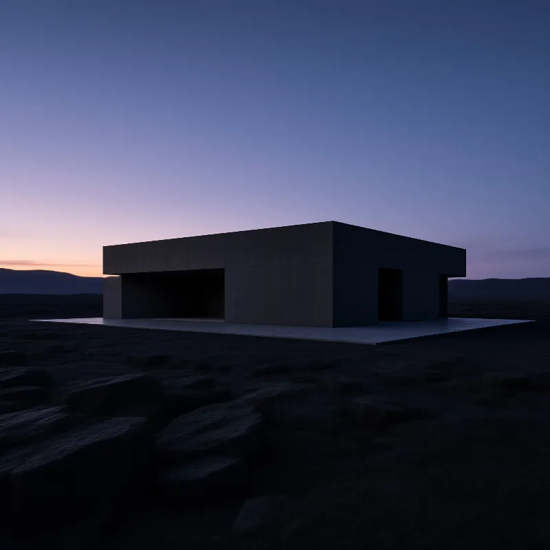 A stark rectangular concrete structure sits isolated on dark volcanic rock beneath a fading purple twilight sky.