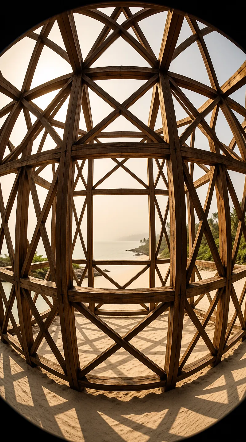 View through a wooden lattice dome revealing a sunlit tropical beach with turquoise water and palm trees in the distance.