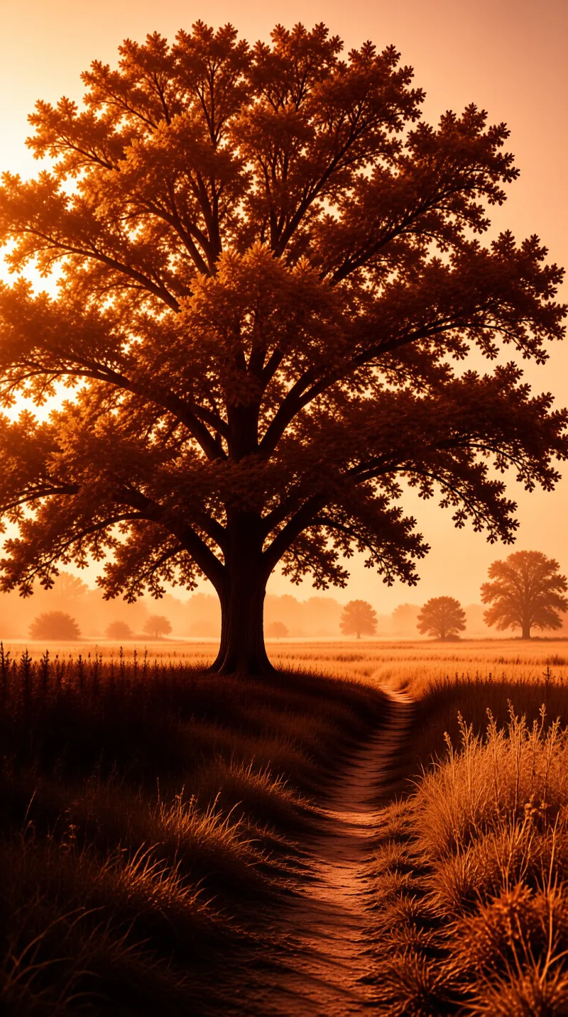 A large oak anchors the left of a grassy plain where a narrow dirt track disappears into the orange haze of dusk.