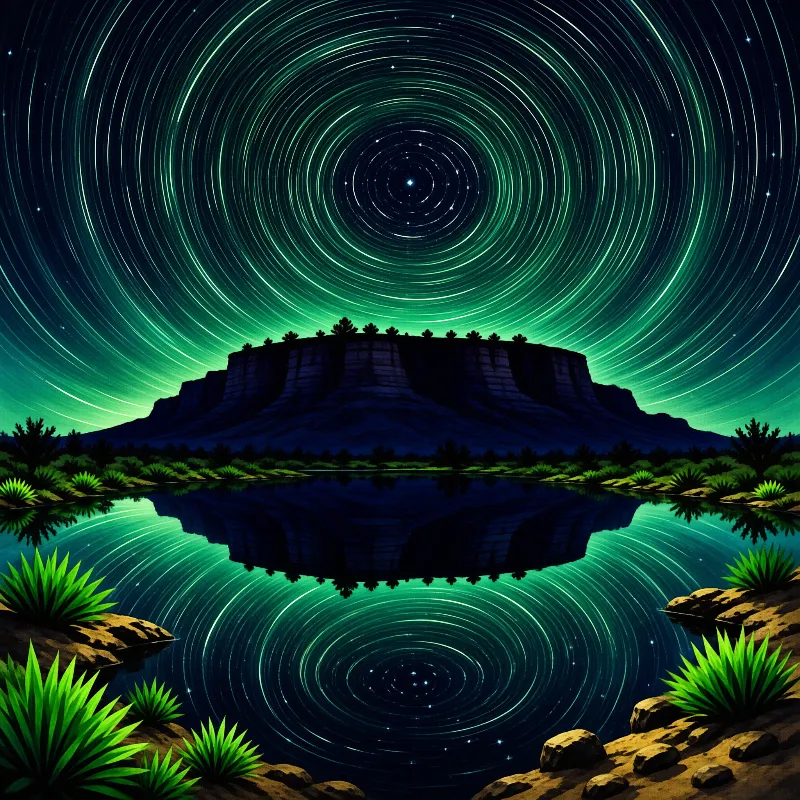 Green star trails circle the night sky above a dark mesa, mirrored in a still lake surrounded by desert vegetation.