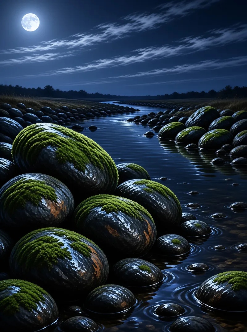 Mossy boulders line a calm river at night while a bright full moon casts reflections across the dark water.