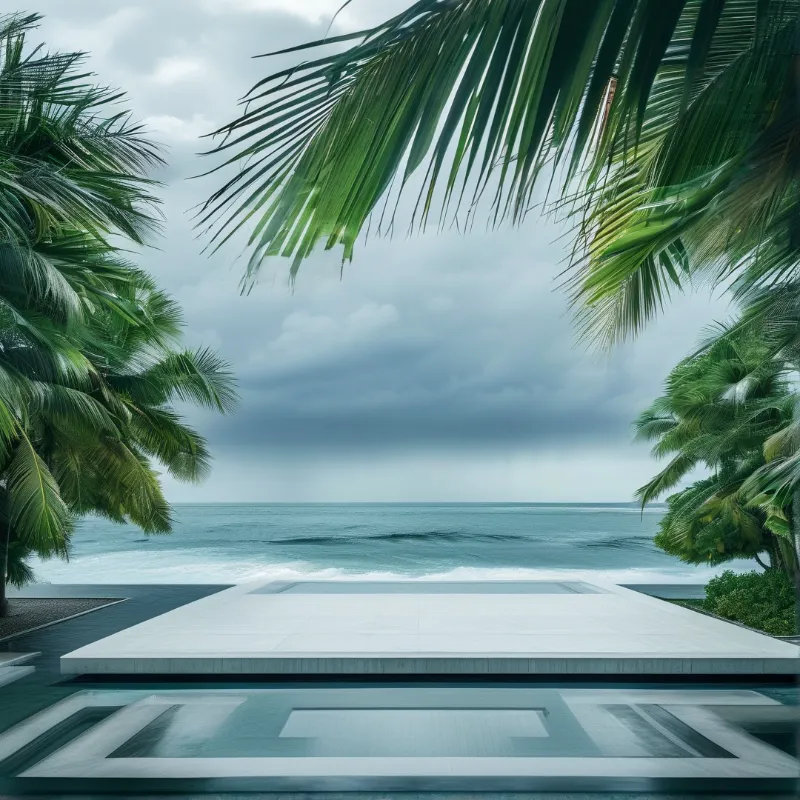 A modern pool terrace surrounded by coconut palms under stormy skies.
