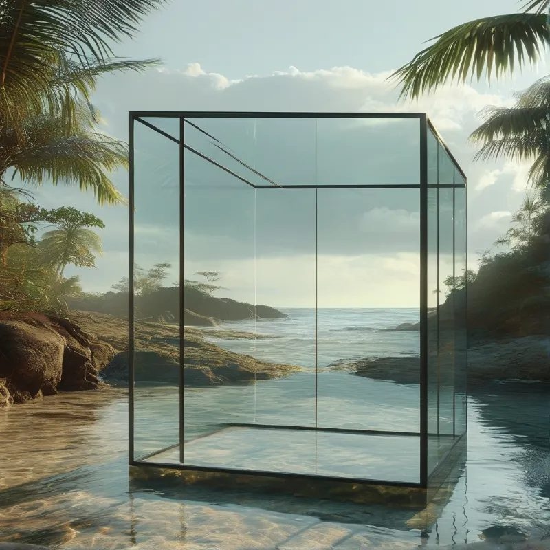 A transparent cube framed with black metal sits half in shallow tropical shore water flanked by palm trees and sunlit distant coastline